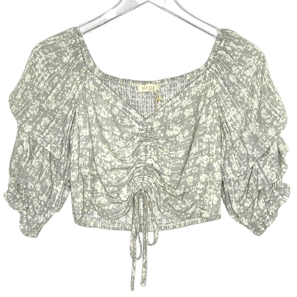Illa Illa S NEW Austyn Tie Front Top Faded Sage Smocked Back Puff Sleeve